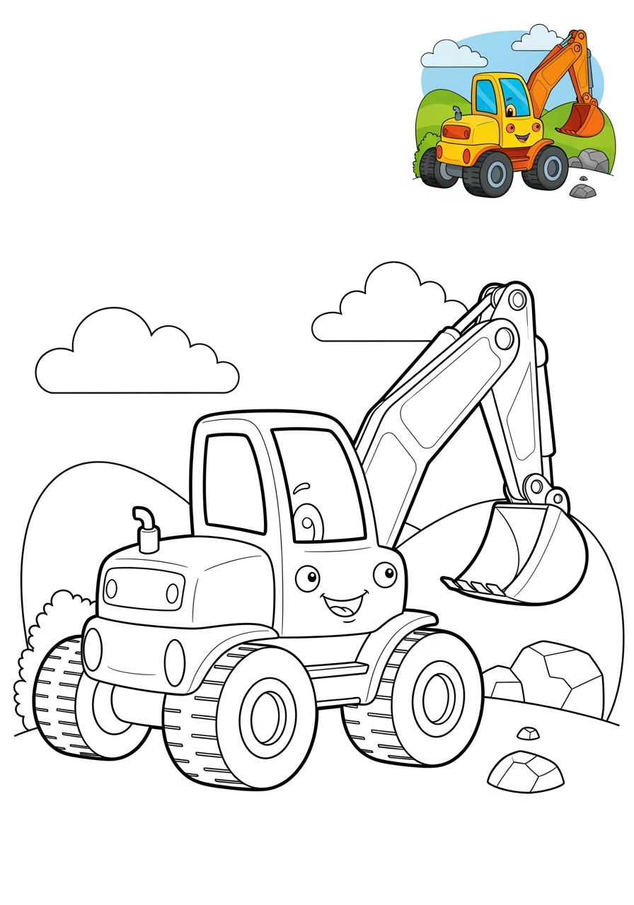 medium vehicles Construction Vehicles excavator kids coloring page 1