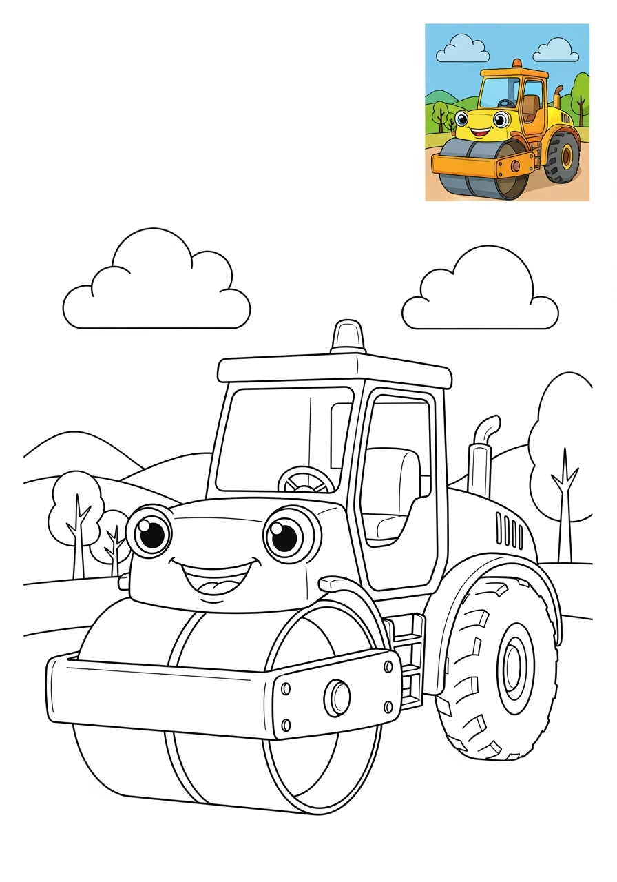 medium vehicles Construction Vehicles road roller kids coloring page 1