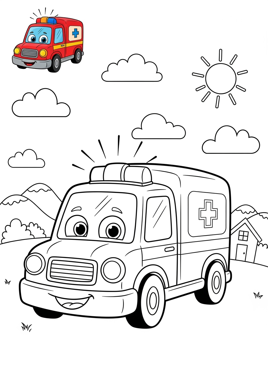 medium vehicles Emergency Vehicles ambulance kids coloring page 1