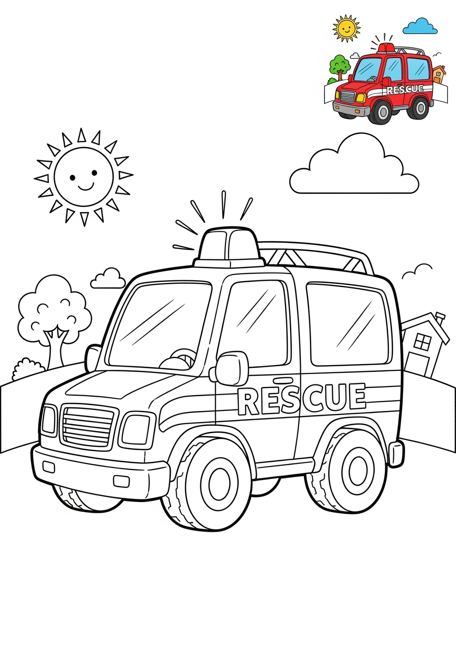 medium vehicles Emergency Vehicles rescue van kids coloring page 0