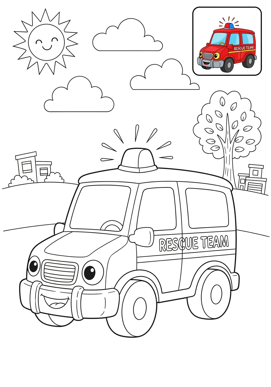 medium vehicles Emergency Vehicles rescue van kids coloring page 1