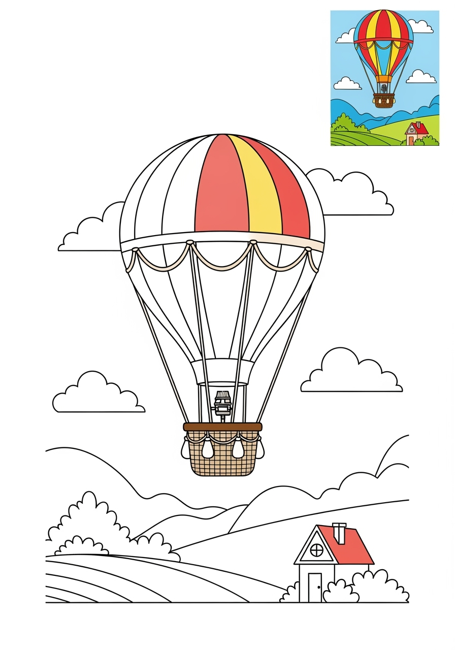 medium vehicles Air Transport hot air balloon kids coloring page 1